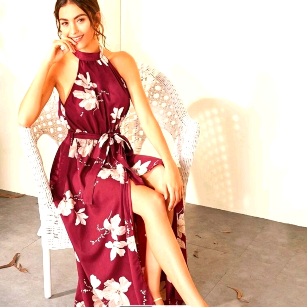 SHEIN Floral Print Wrap Hem BeltedHalter Dress